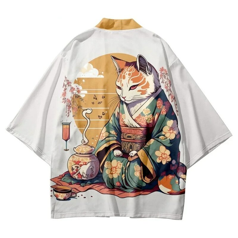 Kimono imprimé chat anime japonais pour hommes et femmes, vêtements de rue, cardigan cosplay, Harajuku, plage, entrée