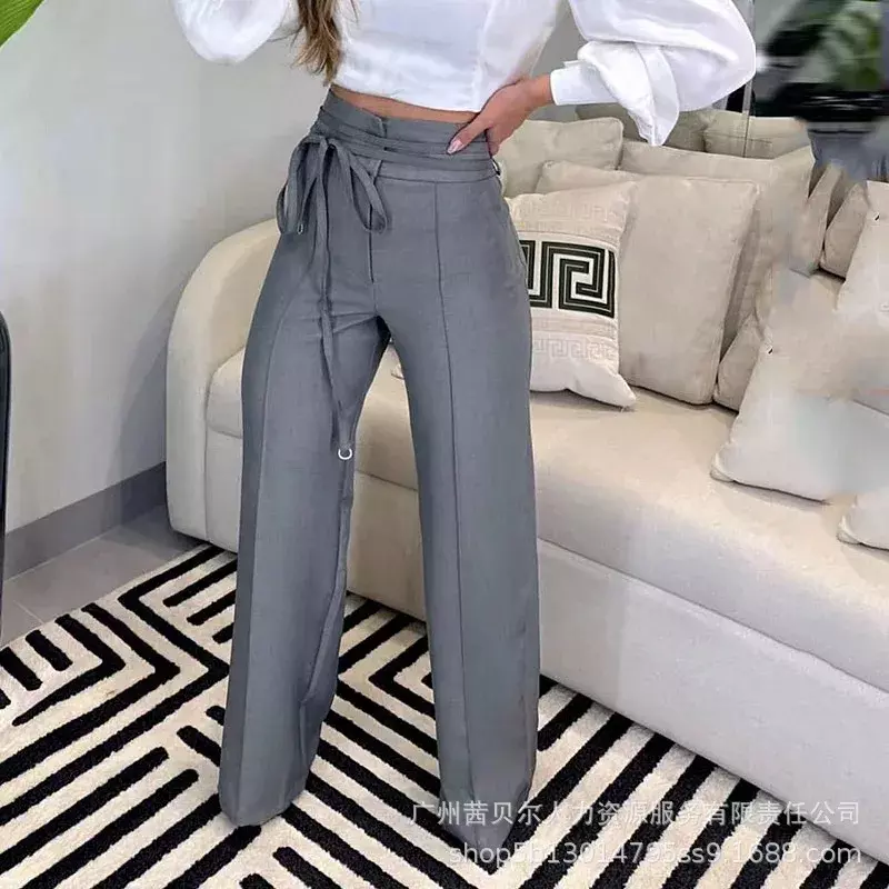 Pantalones informales con correa de cintura alta para mujer, traje de viaje, color gris, novedad de 2023