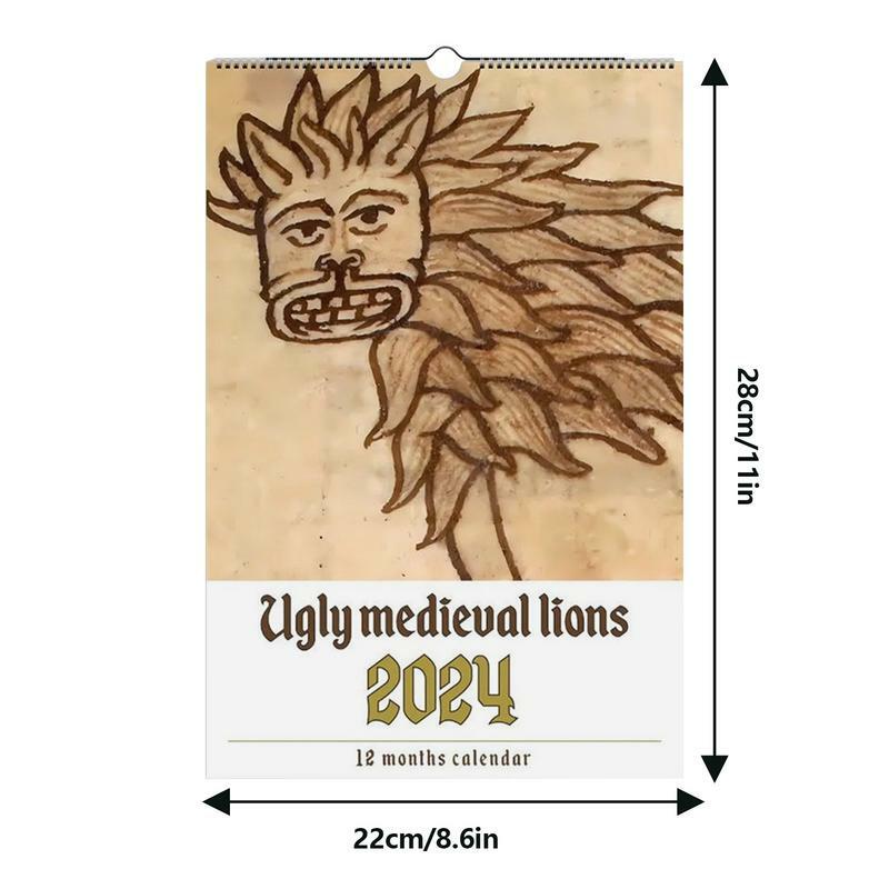Kalender singa 2024 kreatif hadiah Prank lucu kalender dinding kreatif dan aneh pemandangan abad pertengahan kertas tebal hewan harian