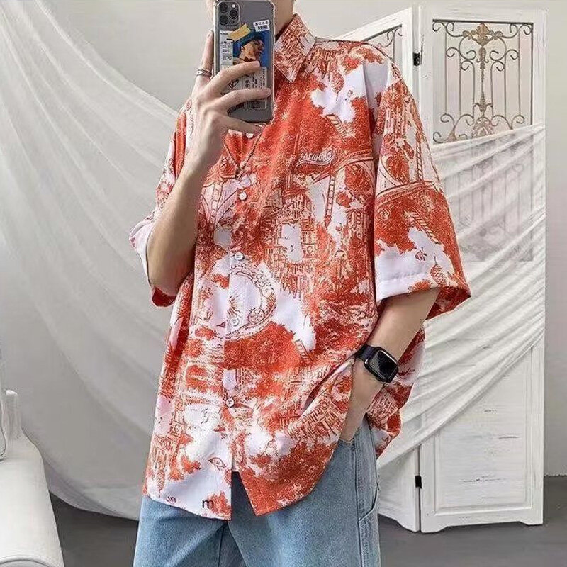 Summer Turn-down Collar Fashion Short Sleeve Shirt Man High Street Casual Loose Button Cardigan Y2K Printing Korean Style Tops