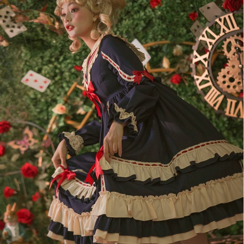 Robe Lolita OP de Noël à manches longues, volants taille haute 16%, robe de cour vintage, nœud doux, fête élégante