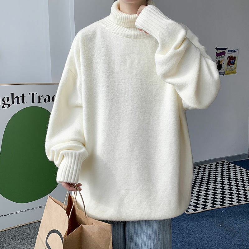 2022 Turtleneck Sweater Men's Winter Casual Loose Plus Velvet Thick Warm Solid Color Knitted Sweater Solid Color Bottoming Top