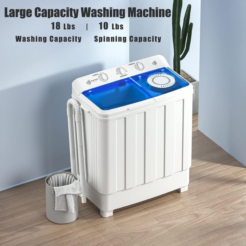 Auertech 휴대용 세탁기, 미니 컴팩트 세탁기, 28lbs 트윈 욕조 세탁기, 배수 펌프 포함, 반자동 18lbs
