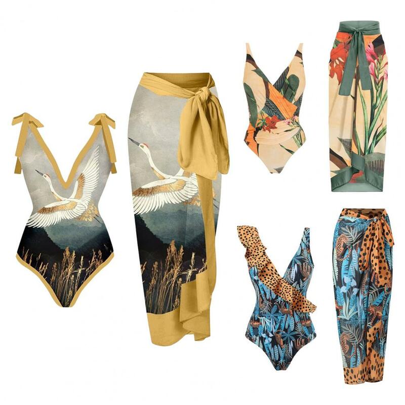 1 Set Women Monokini Printed Strap Backless Vintage Retro Pool Wearing Polyester Lady Beach Monokini with Long Dress Surf Clothi