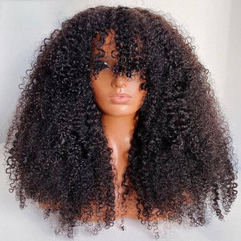 Soft 26inch 180Density Long Natural Black Kinky Curly Machine Wig With Bangs For Women With Baby Hair Preplucked Daily Glueless