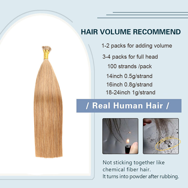 Extensions de Cheveux Humains Remy Lisses Microlink I Tip, Couleur Blond Miel #27, 100 Brins/Paquet