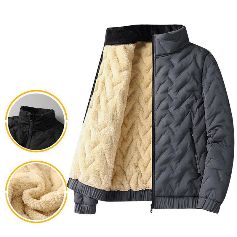 Outdoor Men's Lambswool Warm Thicken Parkas Jacket Zip Up Outwear Loose Stand Collar Parka Casual Coats Overcoat