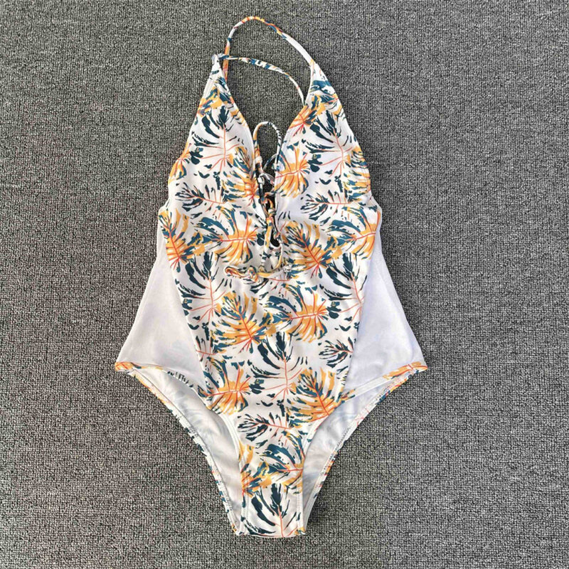 Mode cetak Bikini tali punggung terbuka Monokini kain perca jala baju renang perban tali serut liburan pakaian renang wanita pakaian mandi pantai
