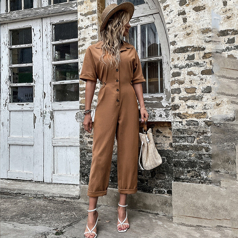 2022 New Spring Summer Fashion Women's Turn Down Collar Solid Color Single Breasted Lapel Half Sleeve Casual Jumpsuit
