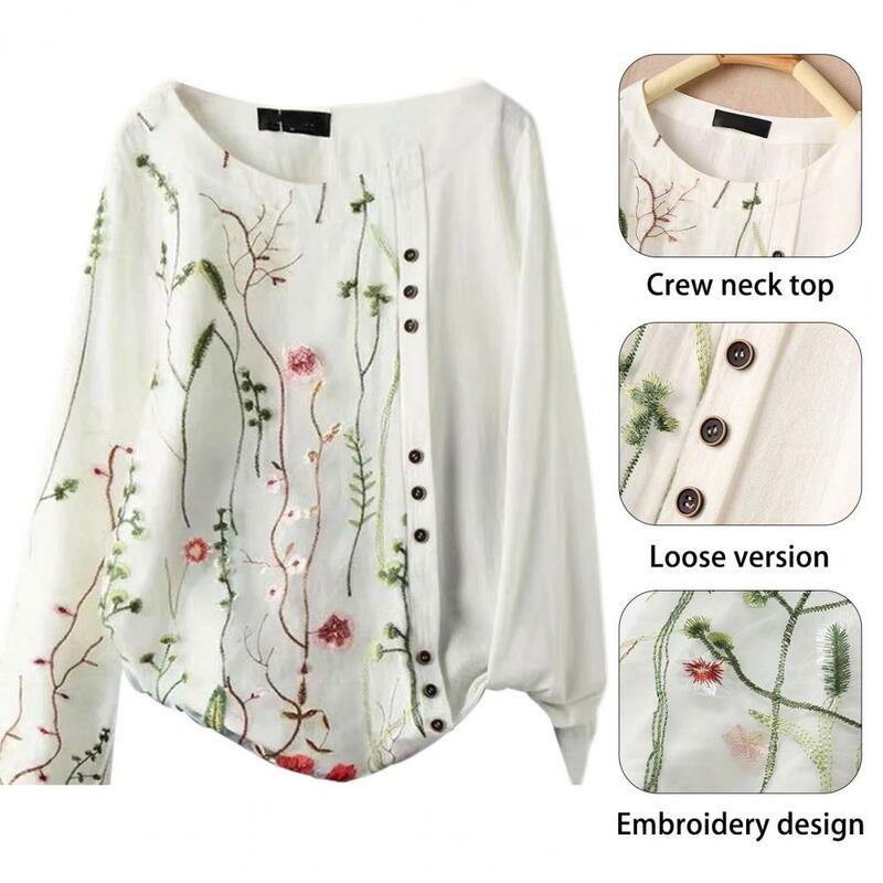 여성용 편안한 핏 상의 자수 꽃 무늬 셔츠, O-넥 반팔, 편안한 루즈핏, 여름 용수철