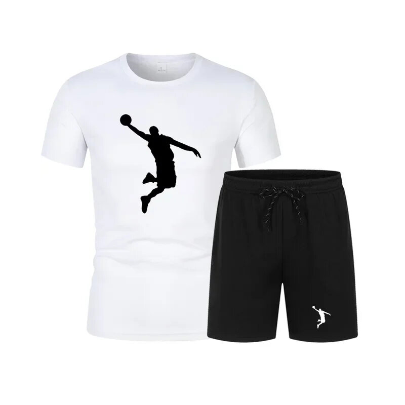 Summer men's sportswear Short sleeve T-shirt Men's muscle hoodie vest Sleeveless gym men's sportswear Running two-piece set