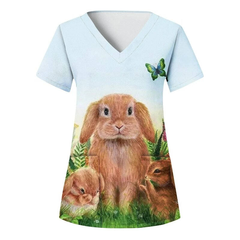 Happy Easter Women Comfotable Scrubs Top Easter Print Short Sleeve V Neck T Shirts With Pockets Female Nurse Uniform Blouse