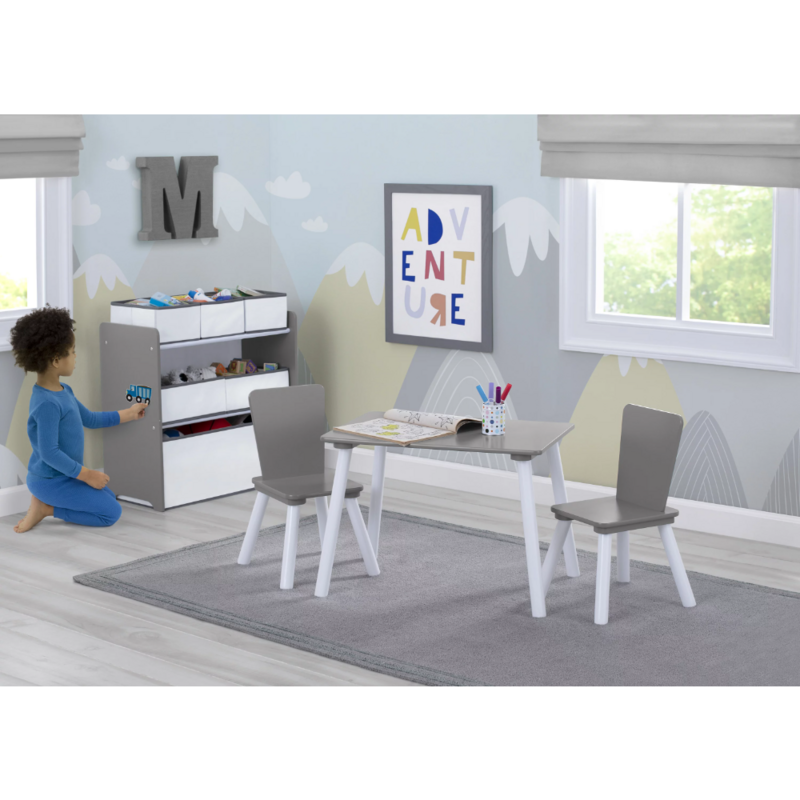 ชุดห้องเด็กเล่น4ชิ้นสำหรับเด็กวัยหัดเดิน-รวมโต๊ะเล่นพร้อมโต๊ะลบแบบแห้งและถังเก็บของเล่น6ถังสีเทา/ขาว