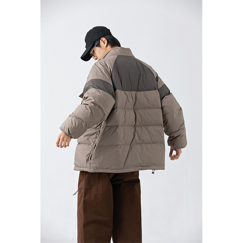Inverno cor contraste costura gola subida 90 para baixo jaqueta dia maré calor tridimensional multi-bolso para baixo jaqueta homem
