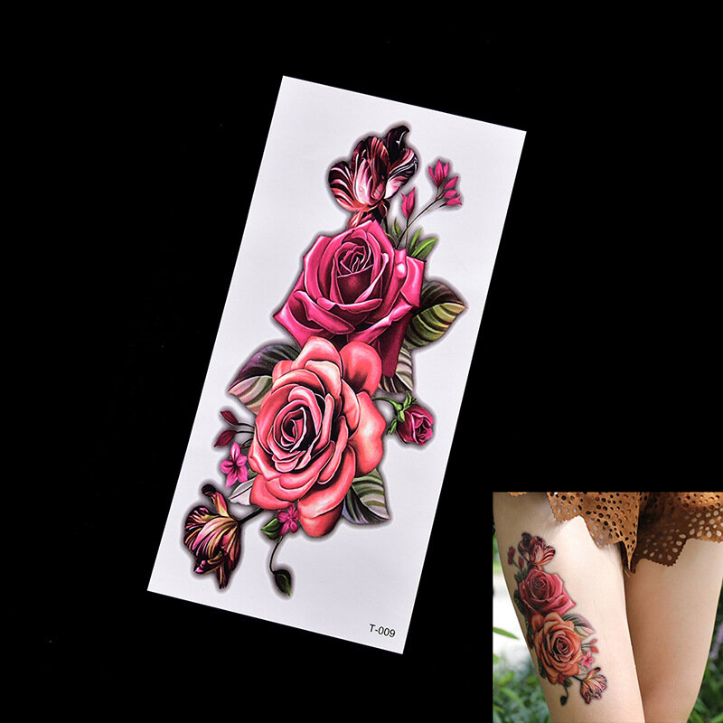 Tatuajes temporales de flores para mujer, pintura de arte corporal, tatuajes de brazos y piernas, pegatina realista falsa, rosa roja, Flash, tatuaje impermeable