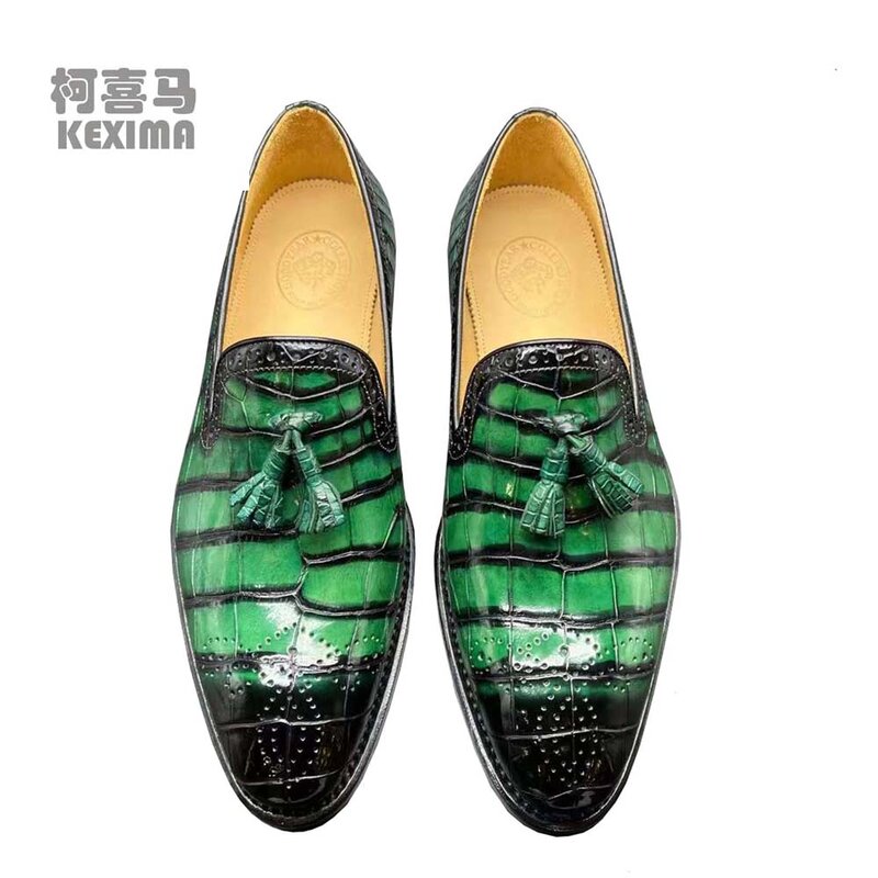 chue new men dress shoes men formal shoes men crocodile leather shoes green shoes crocodile belly skin leather sole slip-on shoe