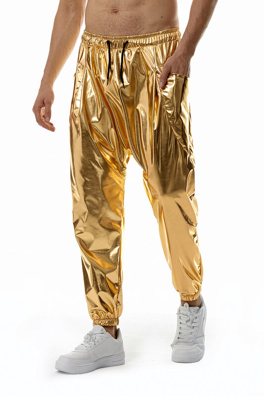 Pantalones de chándal dorados para hombre, Ropa de baile brillante para correr, traje de Hip Hop, 2024