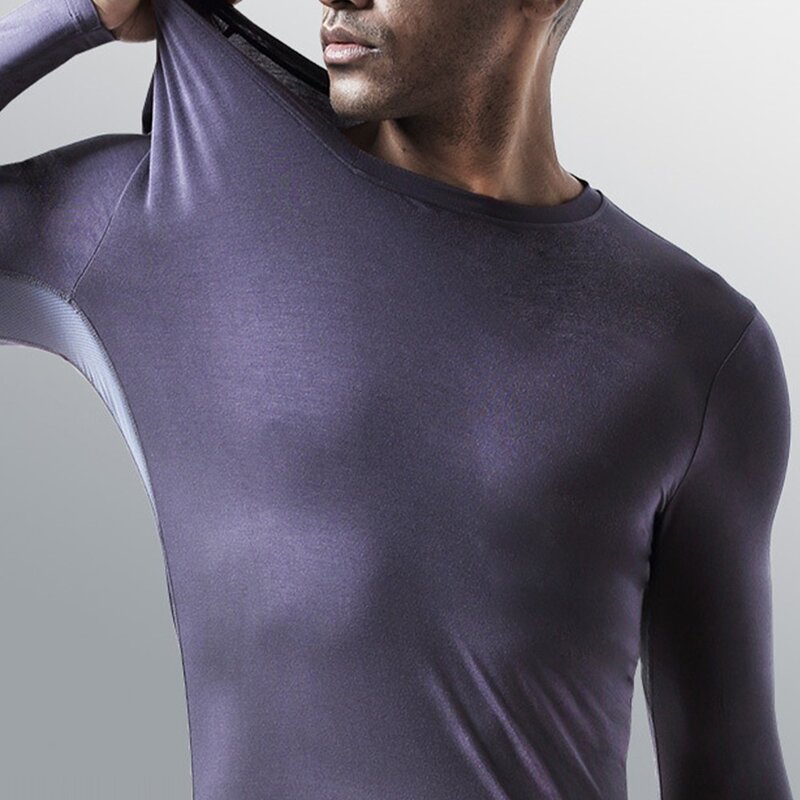 Men Long-Sleeved Bottom Shirt Autumn Winter Thermal Tops Modal Ice Silk Mesh Underwear Warm V-Neck Tee Super Elastic T-shirt