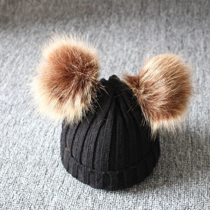 Children'S Hat Scarf Set Autumn And Winter Knitted Woolen Hat Imitation Fox Fur Cap Fur Pompom Scarves Thick Warm Headband