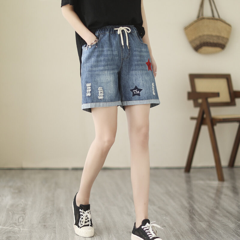 Aricaca-Calça jeans casual bordada estrela feminina, shorts femininos vintage solto rasgado, M para XL