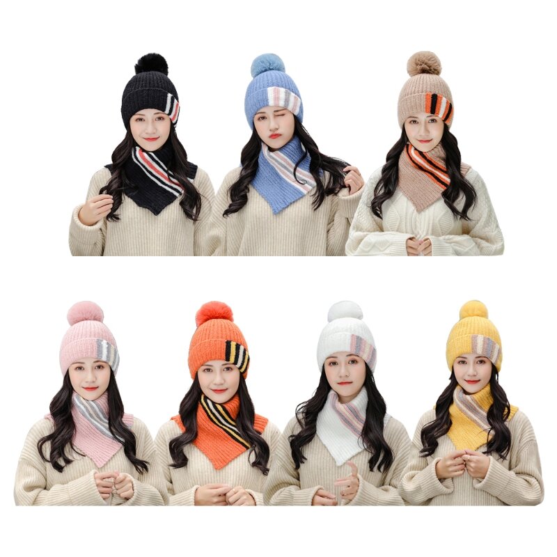 Gorro invierno tejido 2 piezas para mujer, conjunto bufanda circular con cuello alto y rayas colores contrastantes,