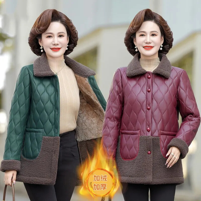 Pakaian ibu paruh baya, mantel hangat ditambah beludru kulit PU jaket jahitan wanita musim dingin