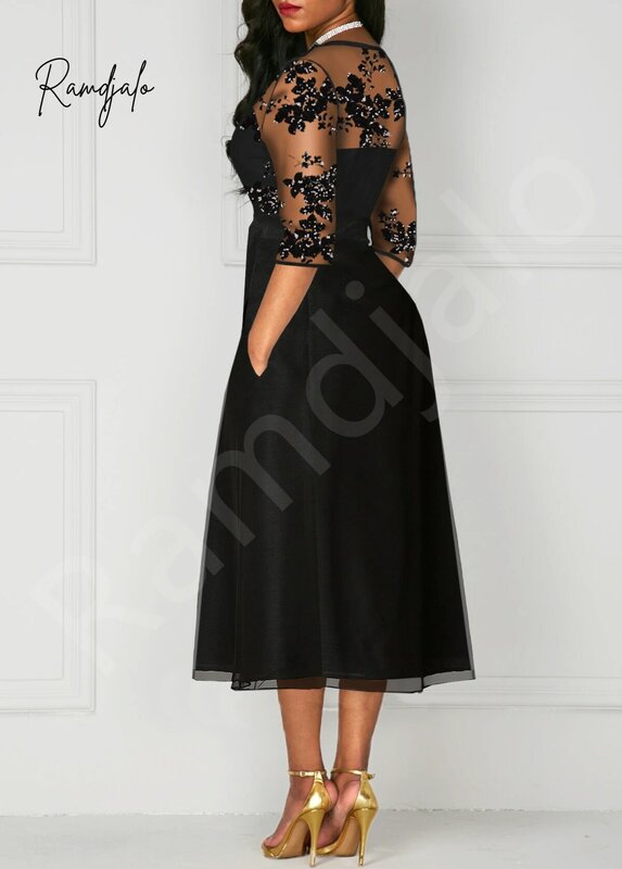 Black Semi Formal Dresses for Wedding Guest 2024 Tea Length Half Sleeves Sheer Neck A-Line Sashes Women Party Gowns with Pockets