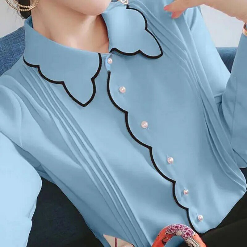 Chiffon Shirt Women's Autumn Winter New Thin Long Sleeve Fashion Loose Polo Collar Solid Single Breasted Large Office Lady Top