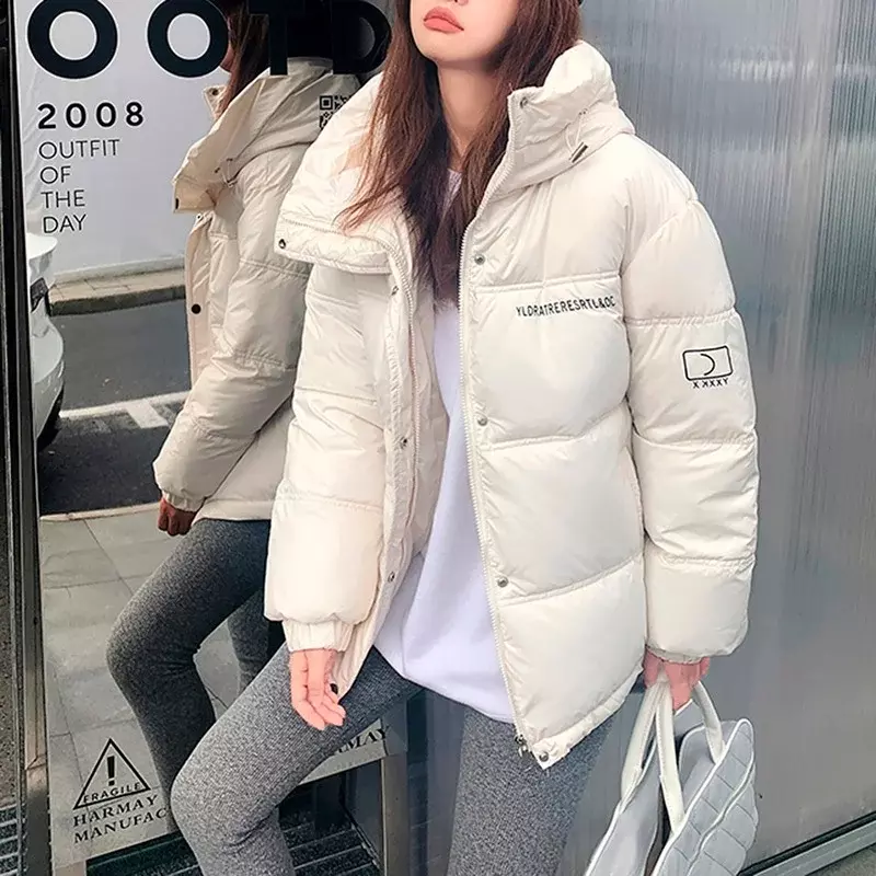 Jaqueta feminina com capuz acolchoado, manga comprida, jaqueta de algodão solta, monocromática, quente, moda inverno, 2024