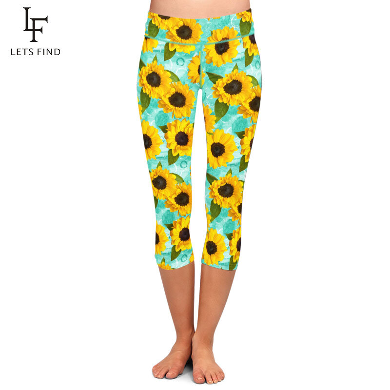 LETSFIND 2021 New 3D Watercolor Sunflower Digital Print Capri Leggings  Women High Waist Elastic Silm Leggings