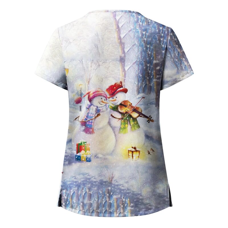 Świąteczne strój pielęgniarki bluzki damskie z nadrukiem kreskówkowe drzewo z krótkim rękawem kombinezony kieszonkowe