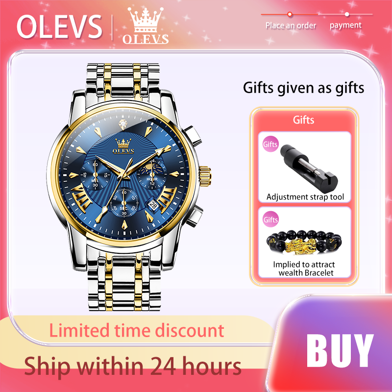OLEVS-Relógio Masculino Impermeável de Aço Inoxidável, Quartz Strap, Calendário, Luminoso, Impermeável, Fase da Lua, Marca de Luxo