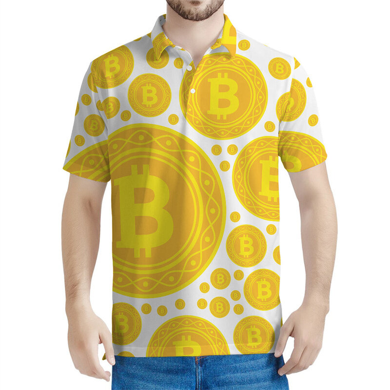 Moda Bitcoin Polo stampata in 3D per uomo personalità grafica maniche corte Casual Street risvolto Tees top POLO con bottoni