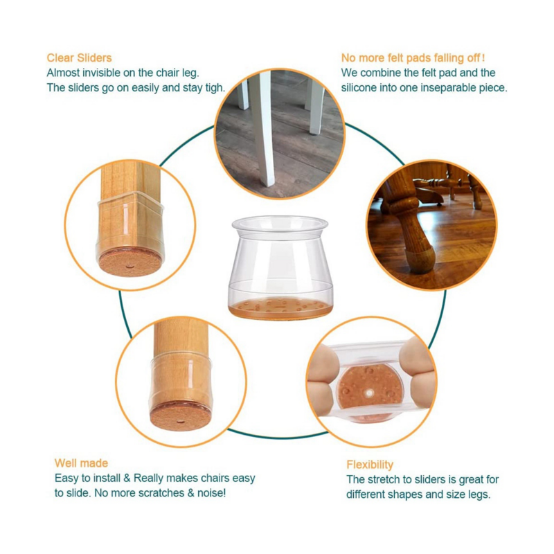 Protectores de suelo para patas de silla, tapa de silicona transparente con fondo de almohadilla de fieltro para madera dura, se adapta a la mayoría de los muebles, paquete de 24