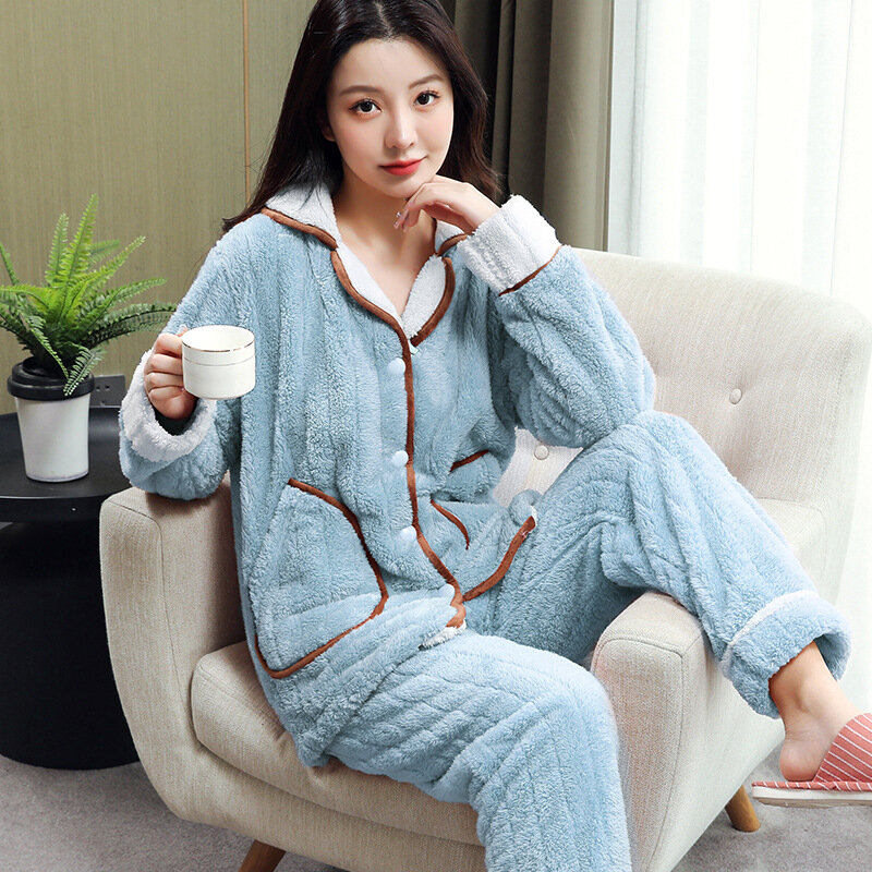 Conjunto de pijamas de lana en Coral para mujer, ropa de dormir gruesa y cálida para estar en casa, ropa de dormir informal para invierno, Franela suave