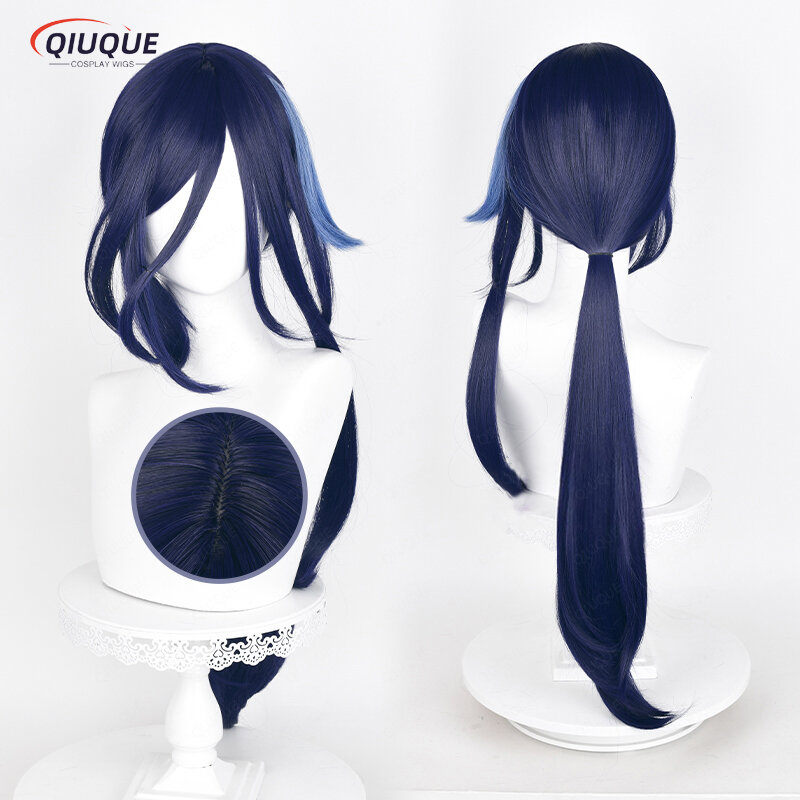 Парик для косплея из аниме «Фонтейн», термостойкий длинный прямой синий смешанный парик из синтетических волос, с шапочкой