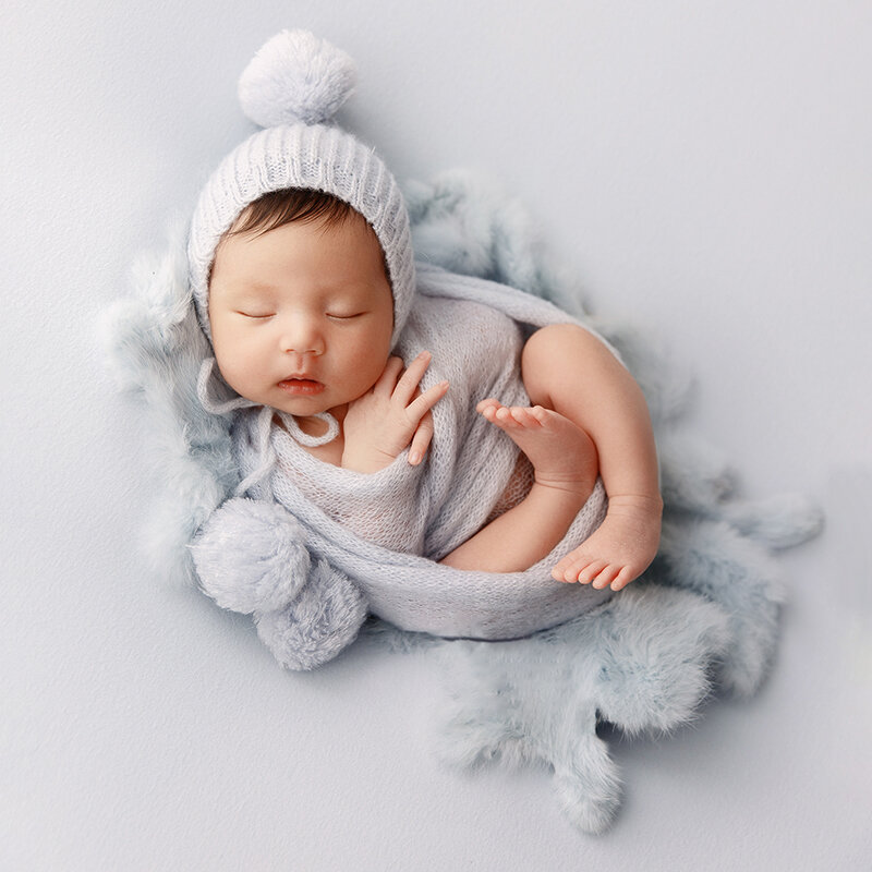 Baby Photography Fur Ball Cap, Infantil Boy Girl Hand Knitted Headwear, Decoração de chapéu macio recém-nascido, Studio Props Acessórios