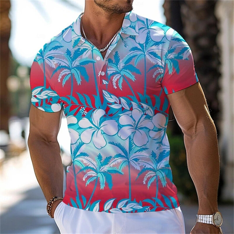 Palm Tree Men's Resort Hawaiian 3D Print Polo Shirt Holiday Vacation Beach Short Sleeve Tops Hawaii Breathable Tees Clothes