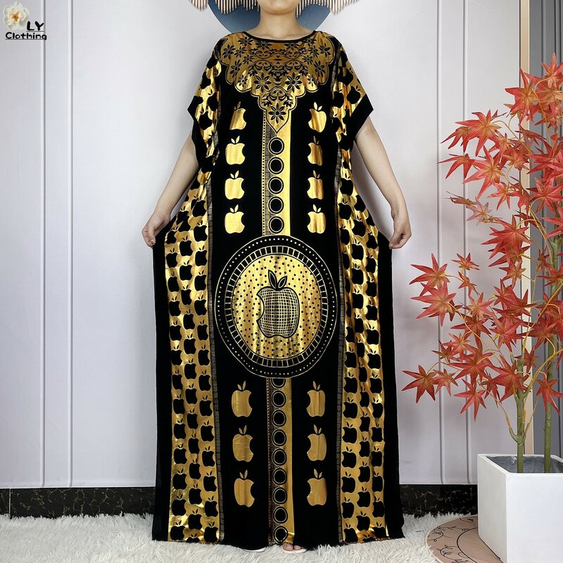 Jubah katun lengan pendek musim panas baru gaun wanita longgar dengan syal besar cap emas Boubou Maxi Islam wanita pakaian Abaya Afrika