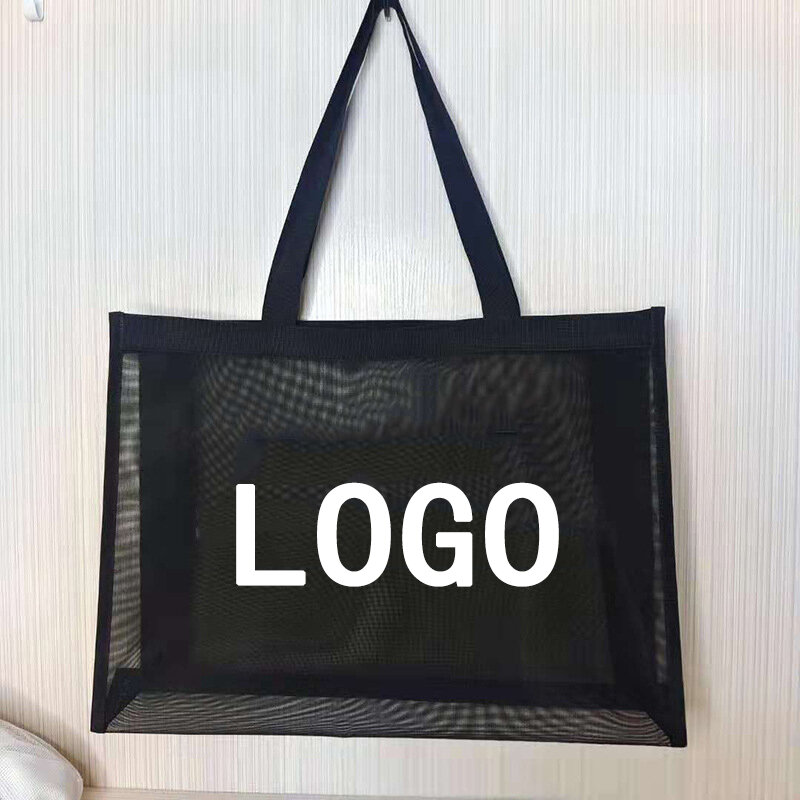 Bolsa de compras de malla de nailon transparente con logotipo personalizado, bolso de mano de un hombro, gran capacidad, transpirable, playa, viaje