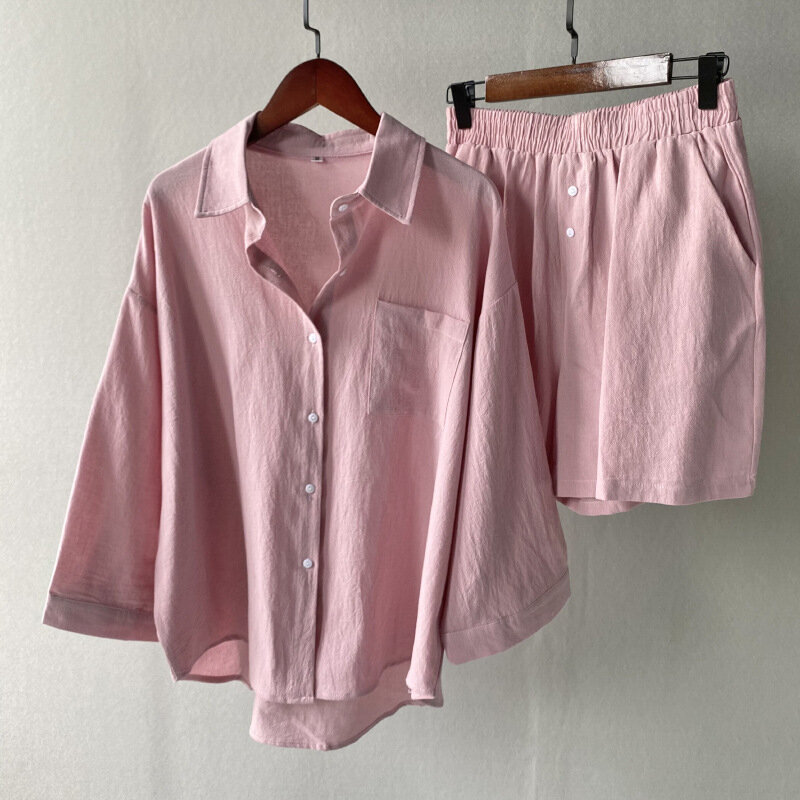 Conjunto de blusa de dos piezas para mujer, traje de casa, pantalones cortos, camisa Vintage, pantalones cortos holgados de cintura alta, informales, 2024