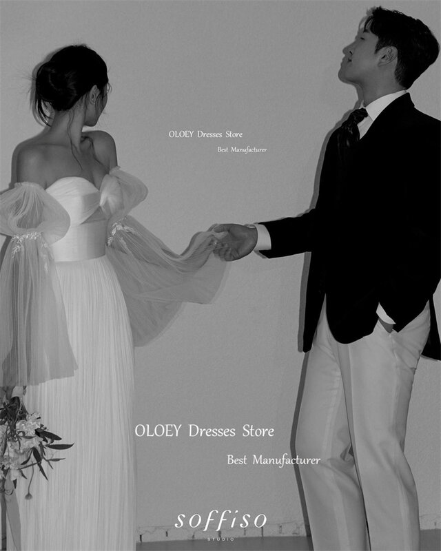 OLOEY Fairy gaun pernikahan Korea kain Tule lembut A Line Puff lengan panjang gaun pengantin panjang lantai Sweetheart Photoshoot Mariage