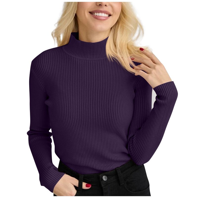 Sweater rajut wanita, dalaman leher bulat setengah tinggi warna Solid serbaguna musim gugur dan musim dingin