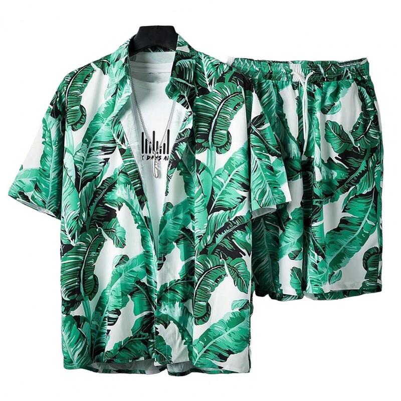 Hawaiian Style Shirt Shorts Set Hawaiian Style Shirt Shorts Set with Tropical Leaves Print Lapel Collar Drawstring Waist Men's