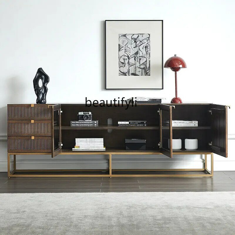 Armario de TV de madera maciza de lujo ligero, mesa de centro de teca, combinación de TV, sala de estar, gabinete Audiovisual multifuncional