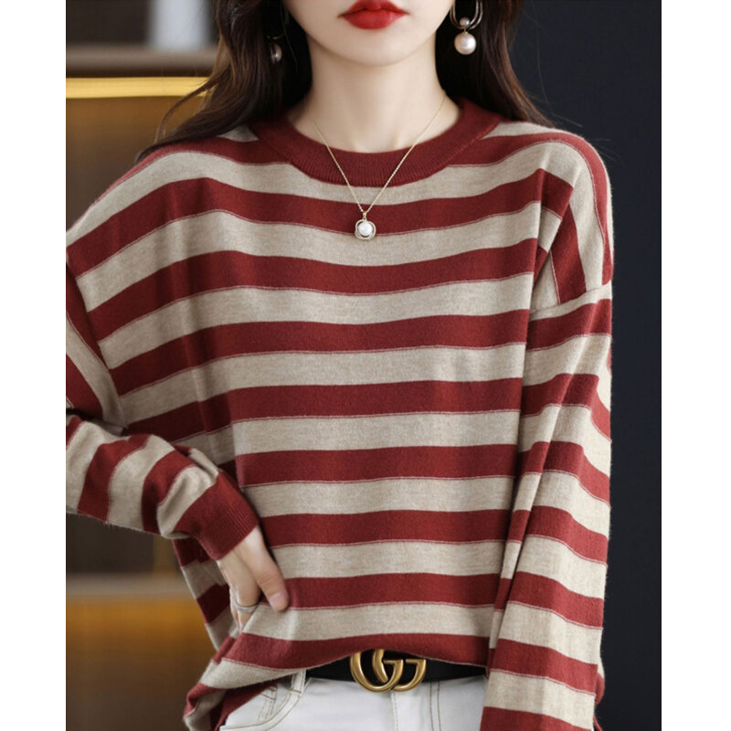 Женский простой полосатый джемпер, повседневный Мягкий трикотажный пуловер с круглым вырезом и длинными рукавами, корейский стиль, Осень-зима 2022