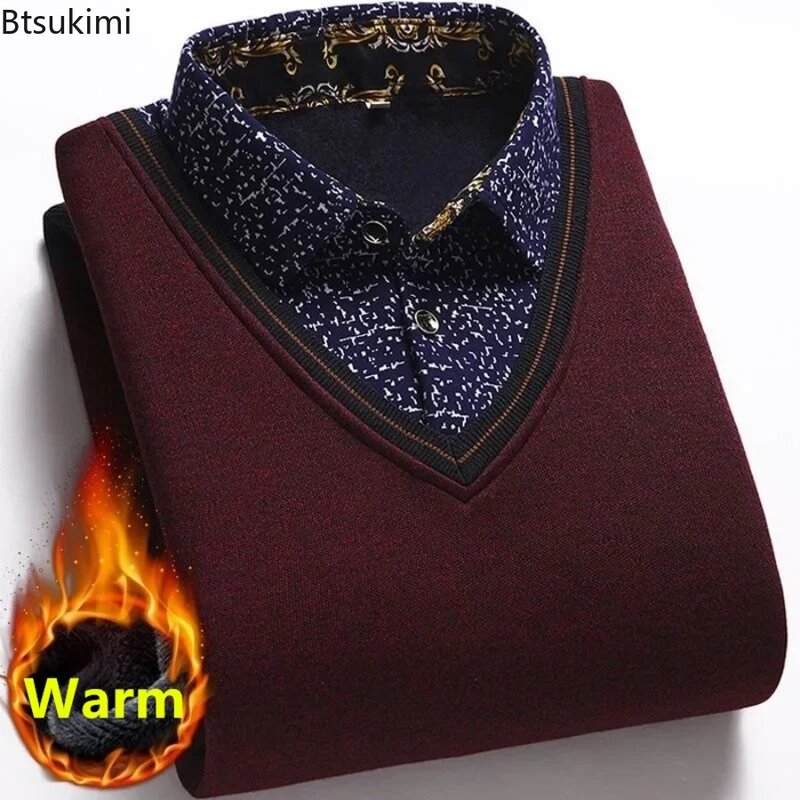 New 2024 Autumn Winter Warm Sweater Men Fake Two Thicken Knit Tops Male Basic Sweater Casual Business Pullover Shirt Jumper Male