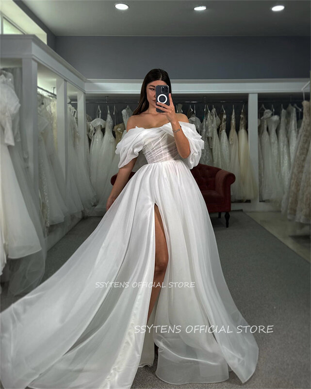 Белое свадебное платье из органзы с открытыми плечами, индивидуальное изготовление, свадебные платья, белое сексуальное платье с Боковым Разрезом, Длинные свадебные платья