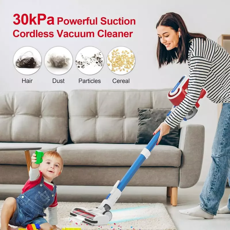 Poweart V80 30000Pa Stick Cordless Vacuum Cleaner,up to 45min Runtime,8-in-1 Stick Vac for Hardwood Floor Pet Hair Home Car,Red