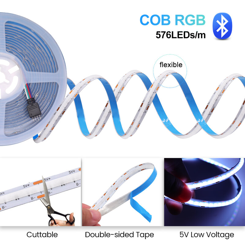 USB RGB LED 스트립 블루투스 COB LED 스트립 조명, 고유연성 LED 테이프, 고밀도 선형 조명, TV 백라이트 룸, 576LEDs/m, 5V